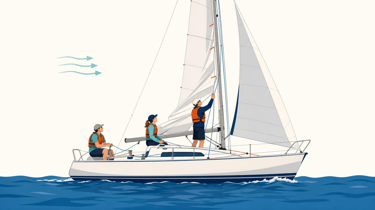Crew hoisting the mainsail in lighter steady wind after removing the reef ties and releasing the reef controls