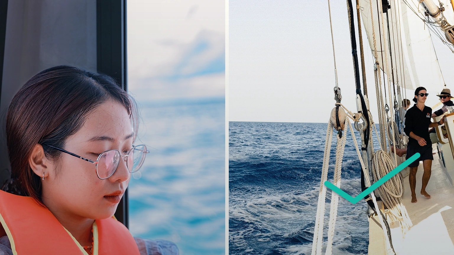 A new sailor studies a line and deck fitting before two crew complete a rigging check