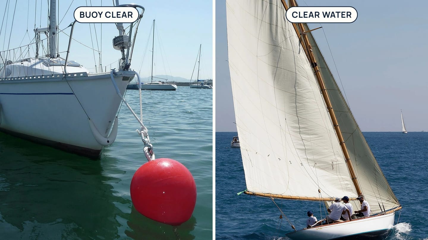 A sailboat on a red buoy appears beside a sailing yacht, with callouts for the buoy and clear water.