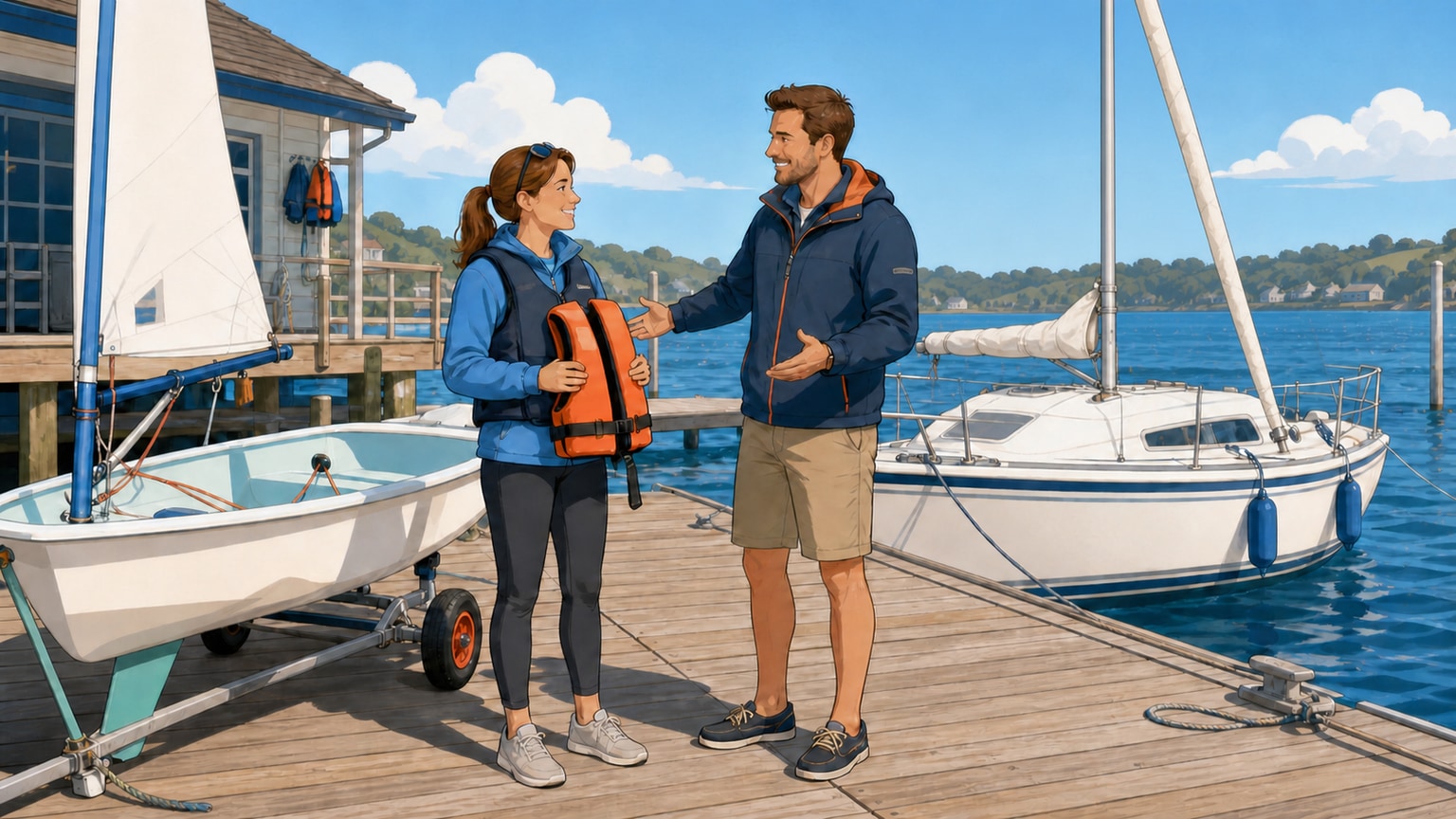 Adult beginner meeting a sailing instructor beside a dinghy and a small keelboat