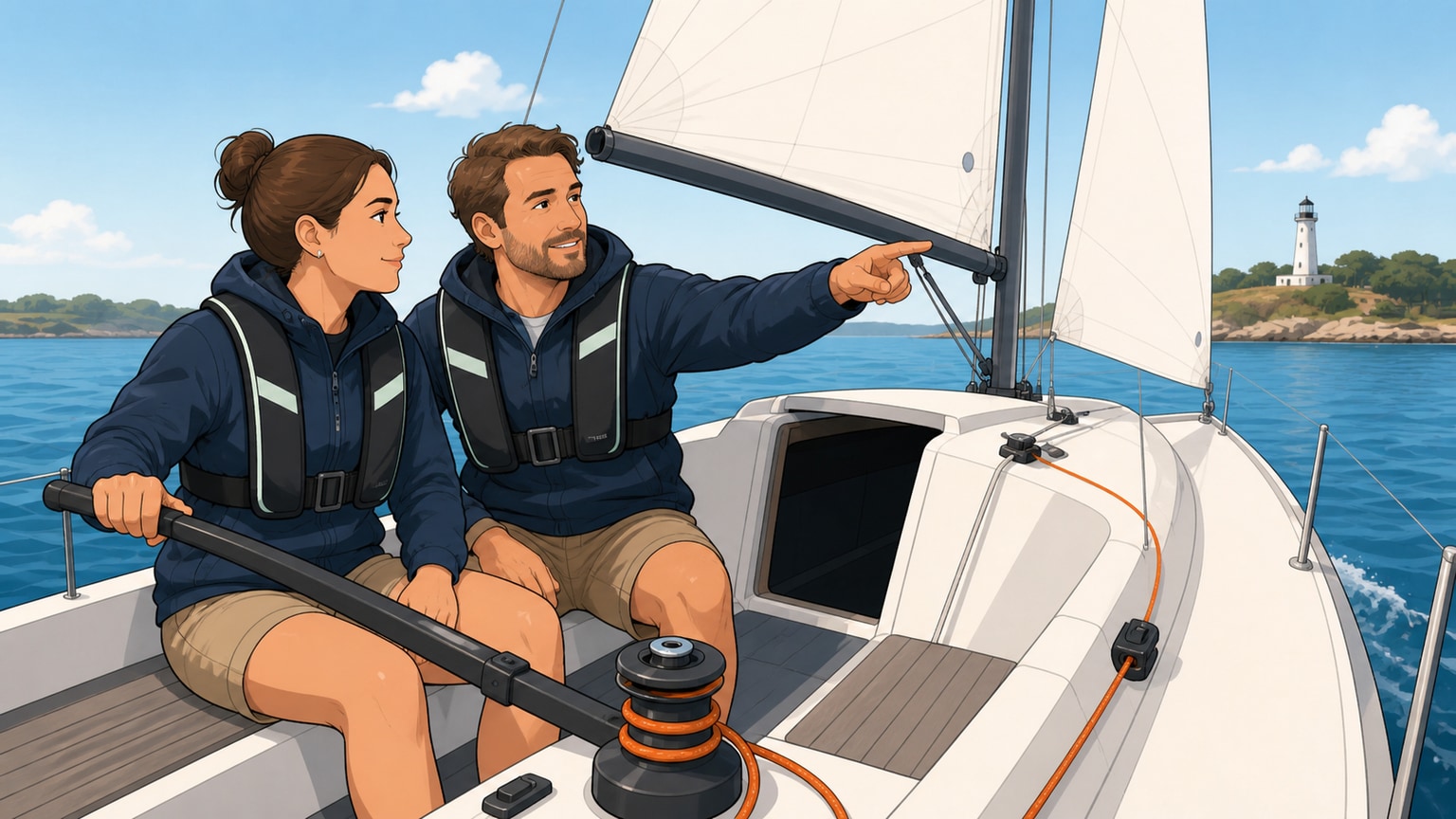 Adult trying the helm during a supervised taster session on calm water
