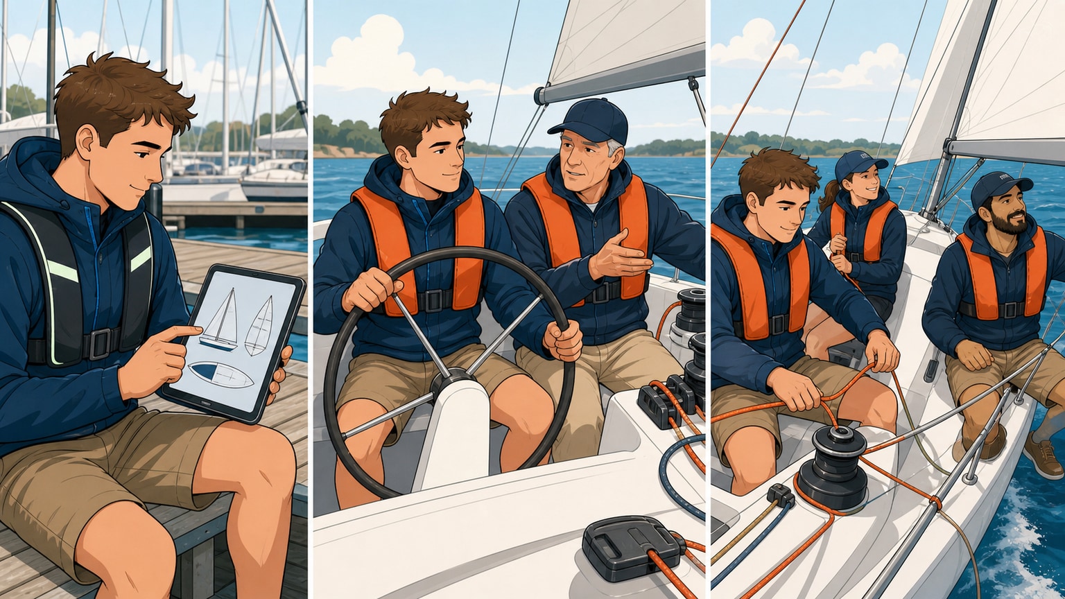 Beginner progression from visual study to coached practice and regular club crewing
