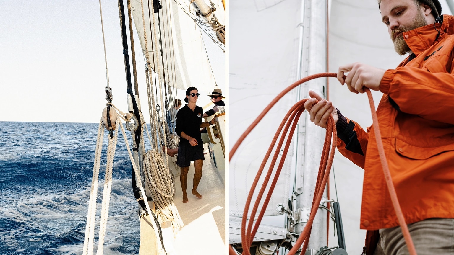 Several sailors sharing tasks aboard a sailboat