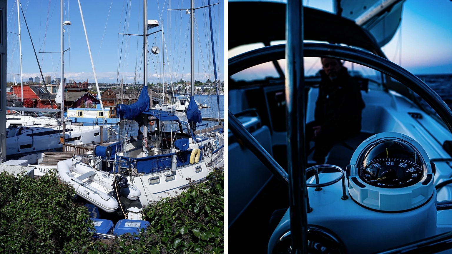 Sailboat and marina access scenes shown side by side