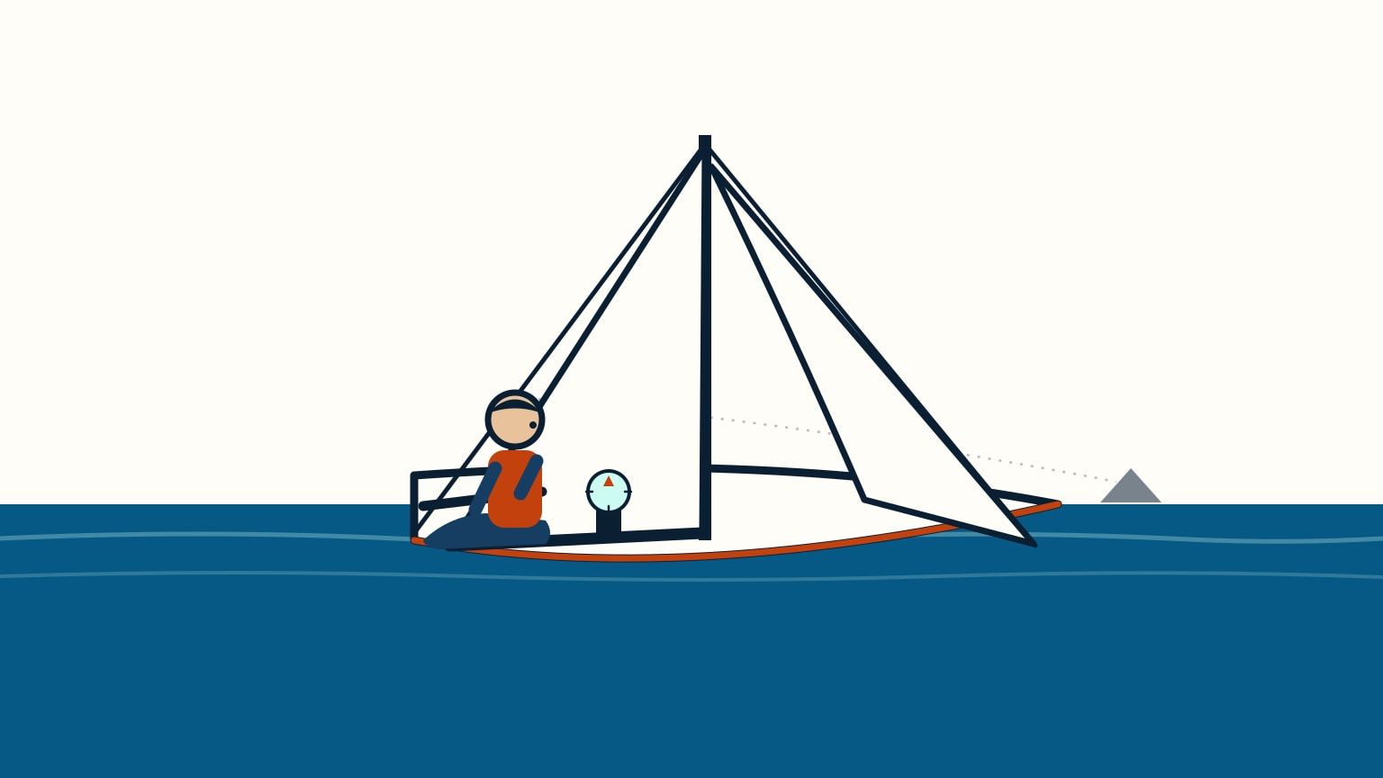 Helmsperson in a lifejacket aboard a small sloop, sighting a distant landmark on the horizon past a steering compass mounted in the cockpit