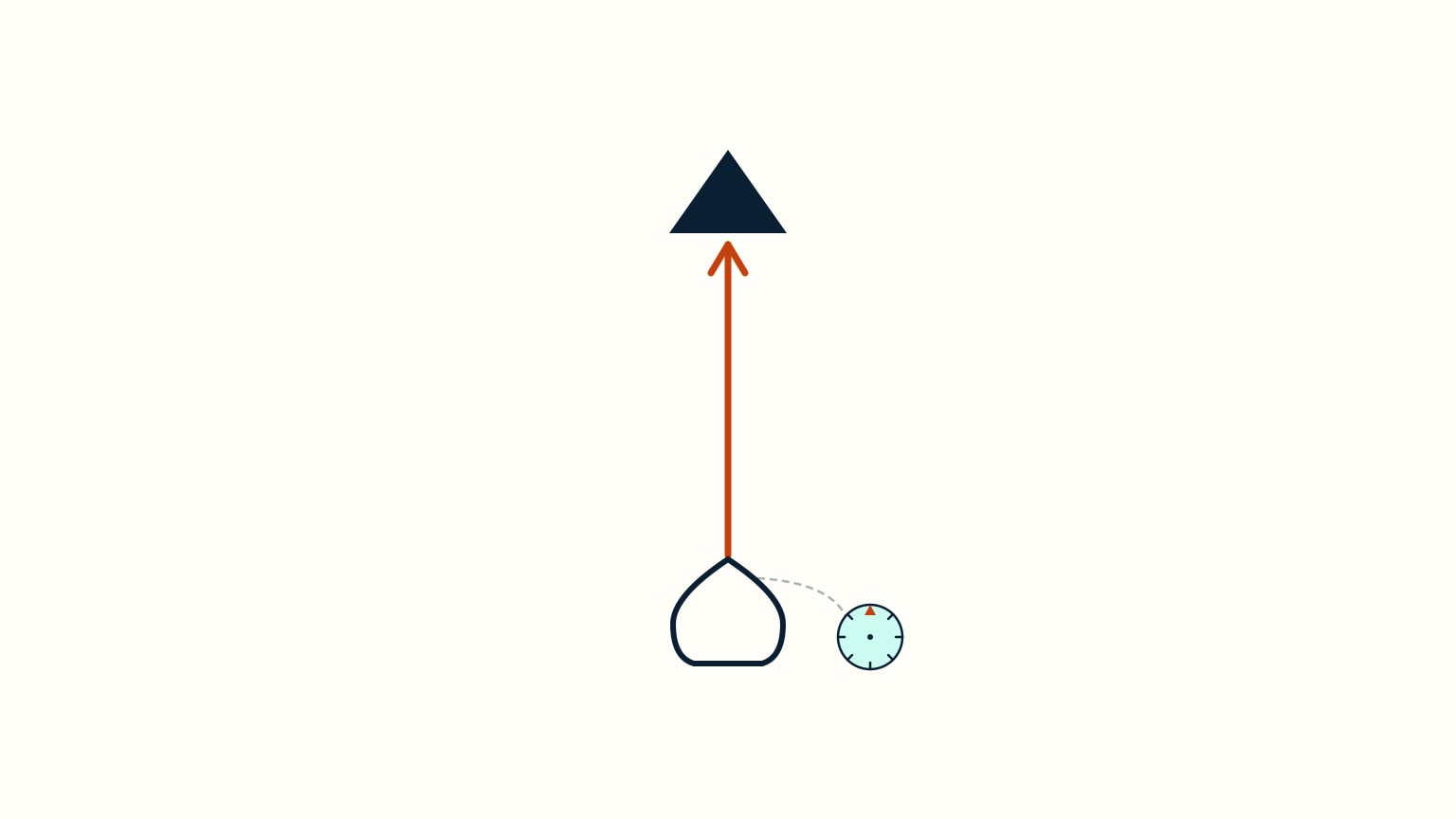 Helmsperson's-eye view comparing a steady, confident sightline to a distant landmark against a brief downward glance toward the compass