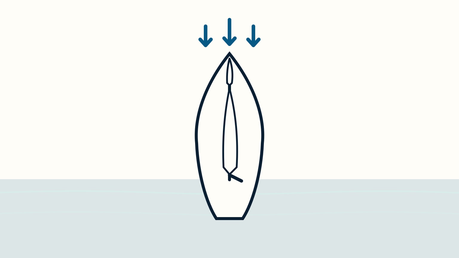 A sailboat seen from above, bow pointed straight into the wind, sails hanging loose along the mast at the head-to-wind moment of a tack