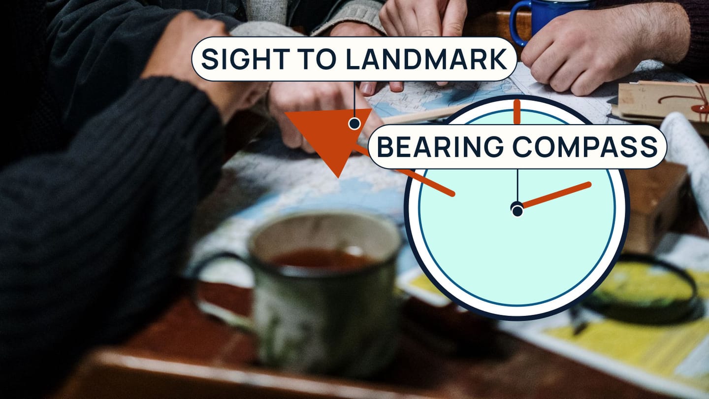 A bearing-compass overlay on a paper chart while hands plot nearby