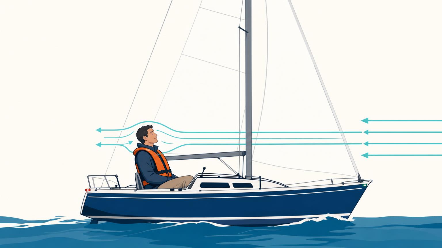 Seated sailor facing the wind as the breeze passes evenly across both cheeks and ears