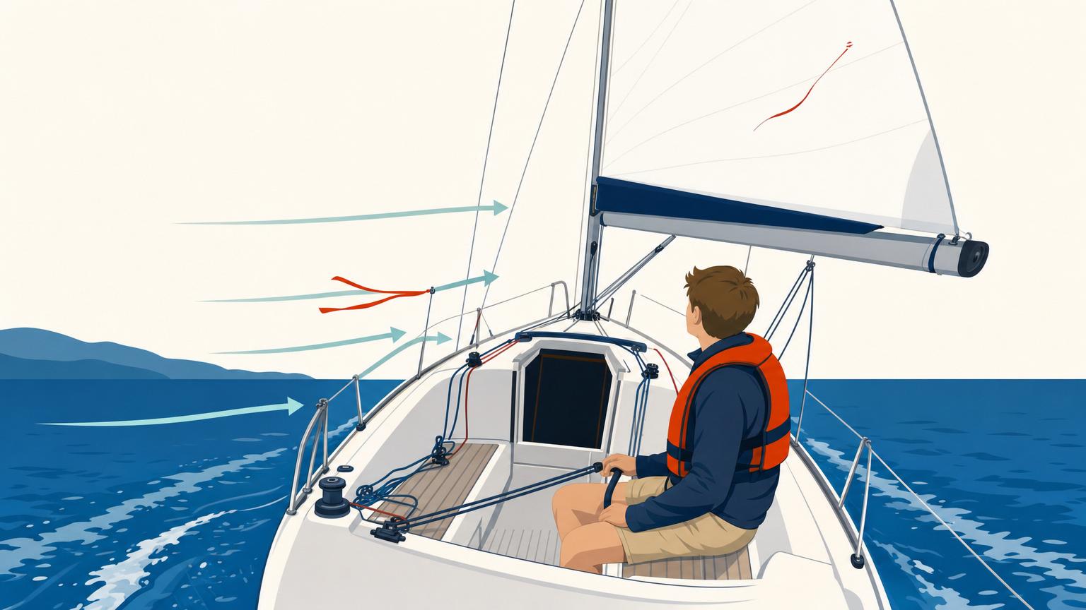 Sailor watching rigging and sail telltales stream with the airflow