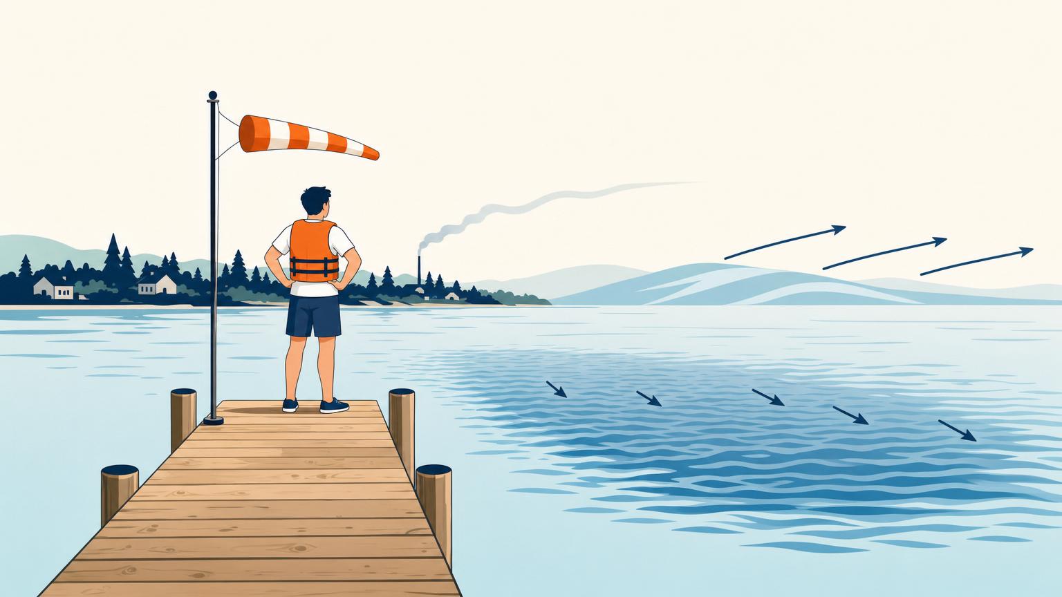 Beginner reading wind direction from a streaming dock flag, drifting smoke, and small ripples while ignoring distant swell