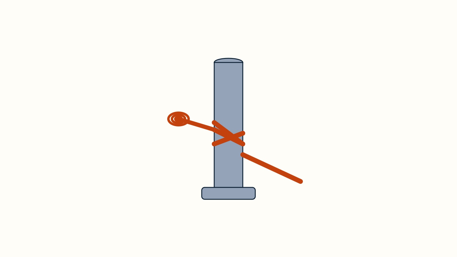 A finished clove hitch dressed on a rail, in profile: two crossing turns with the loose end tucked under the crossing and coiled below.