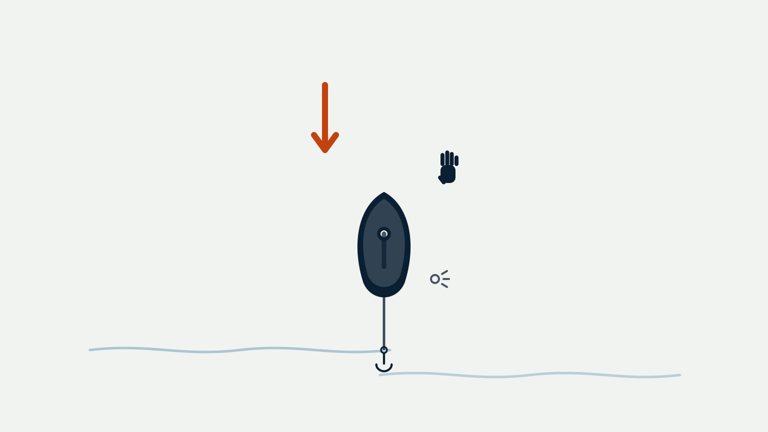 Overhead view of a sailboat at anchor with a taut vertical rode to an anchor below, a wind arrow blowing onto the bow, a raised open-hand signal icon, and a small engine-on glow beside the stern
