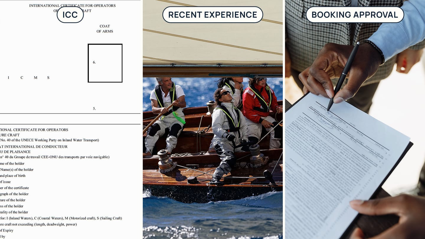 An ICC form, sailing crew, and signed agreement labelled ICC, Recent Experience, and Booking Approval