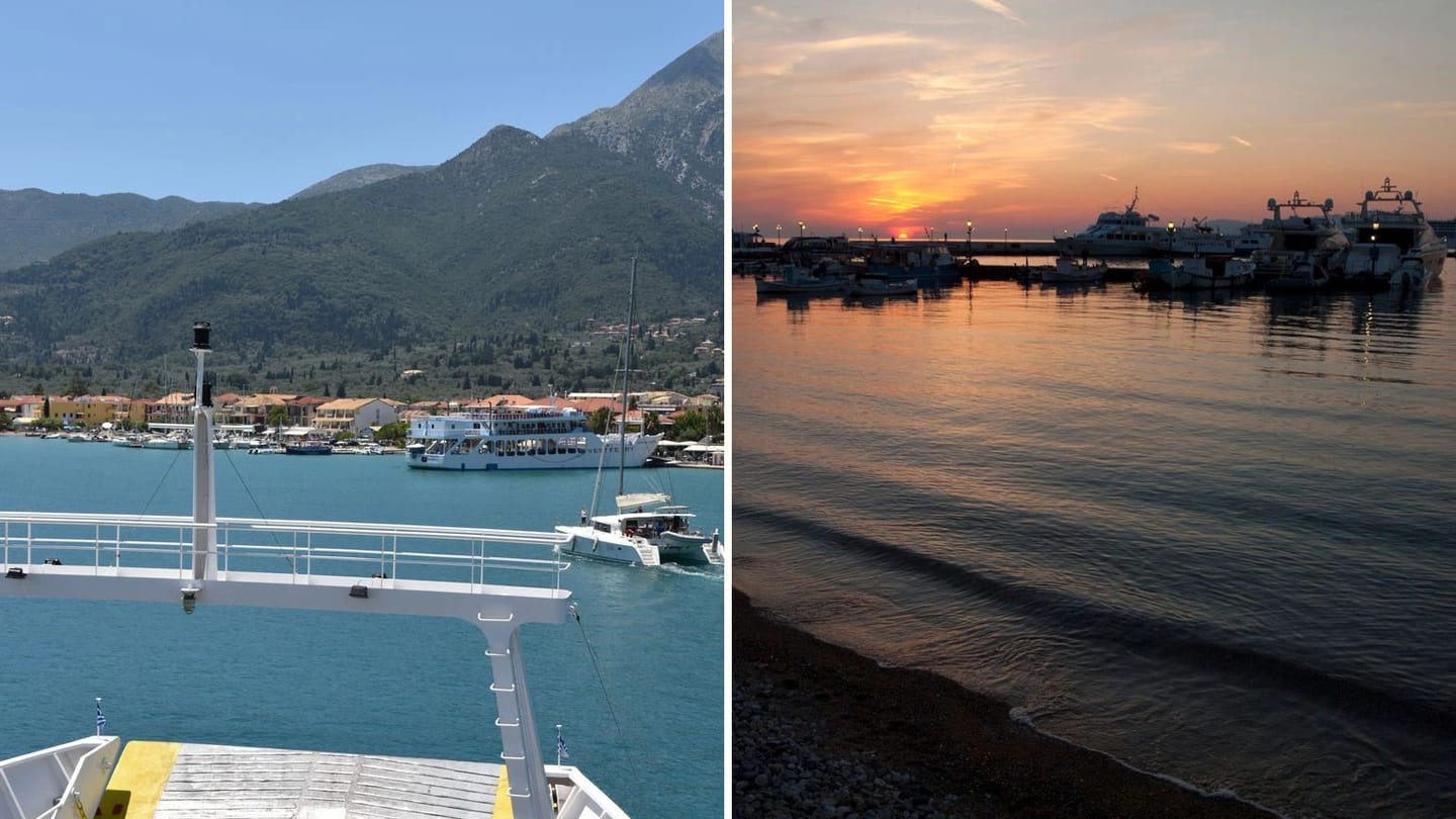 Boats and waterfront buildings at Nidri port on the Ionian island of Lefkada