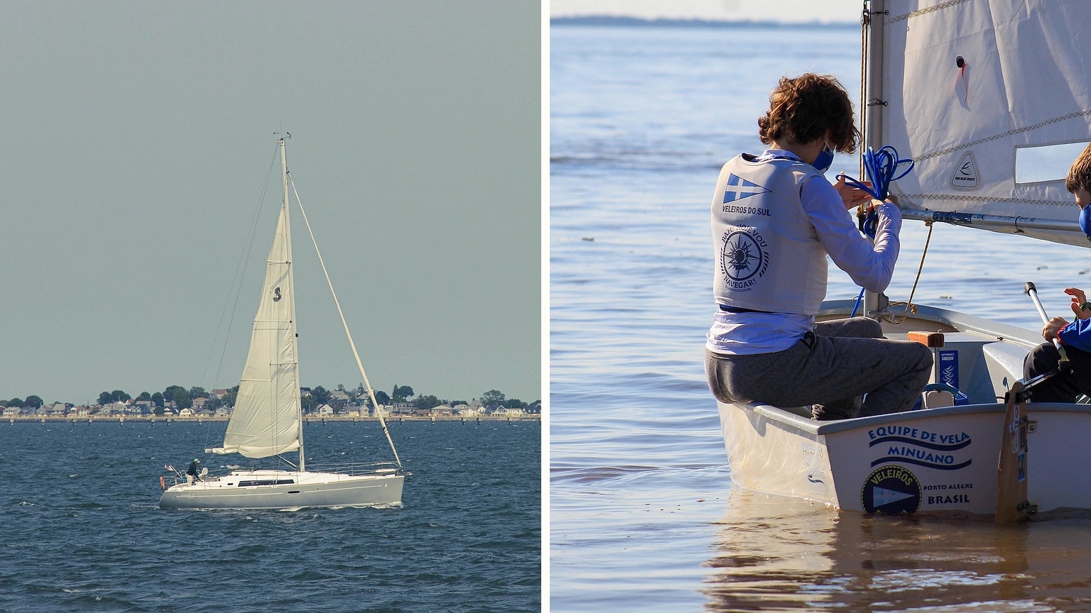 Small dinghy and larger cruising sailboat in separate sailing scenes