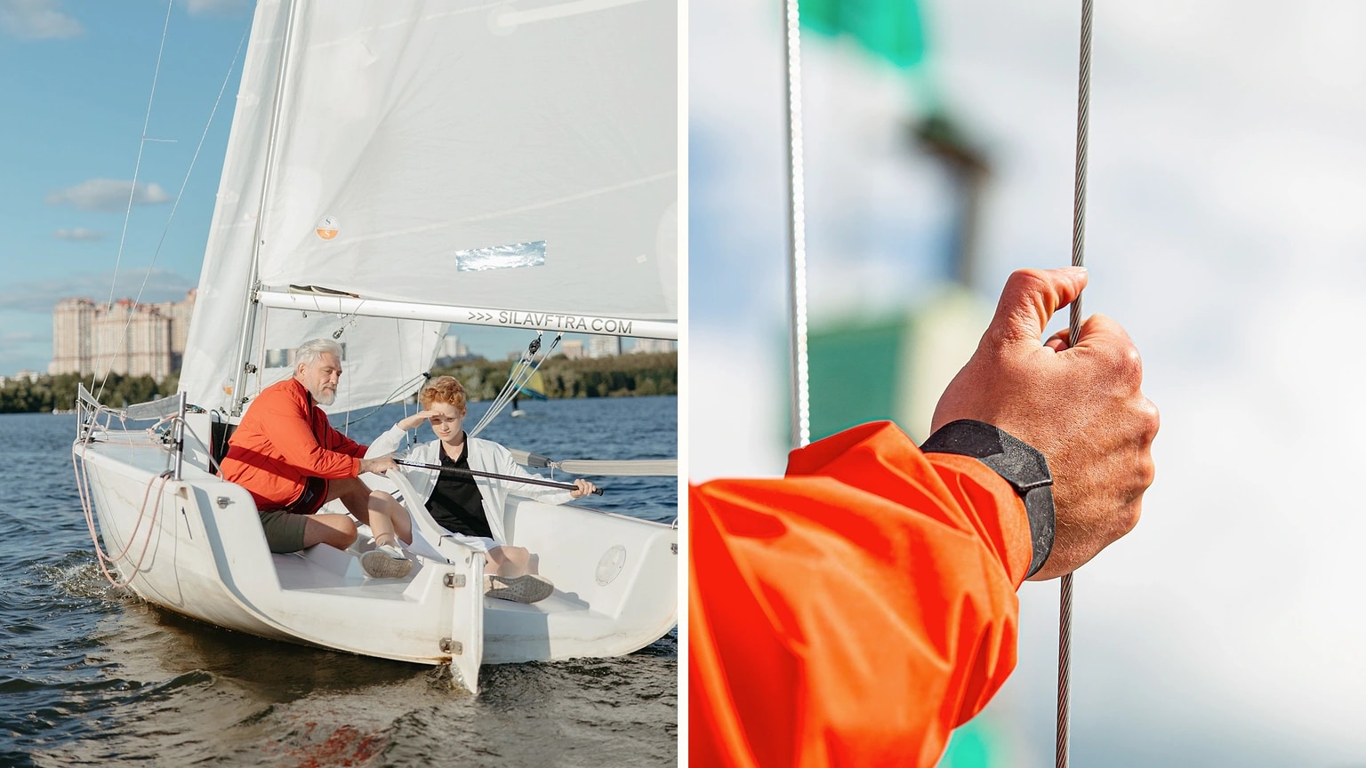 Instructor guiding a learner aboard a small sailboat