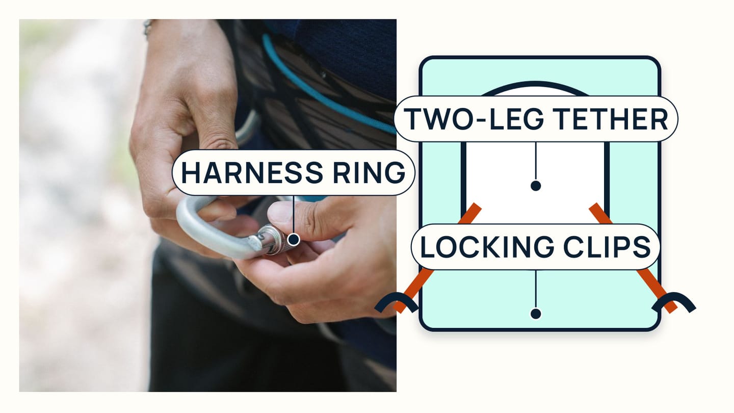 A real harness ring and locking carabiner beside a two-leg sailing tether