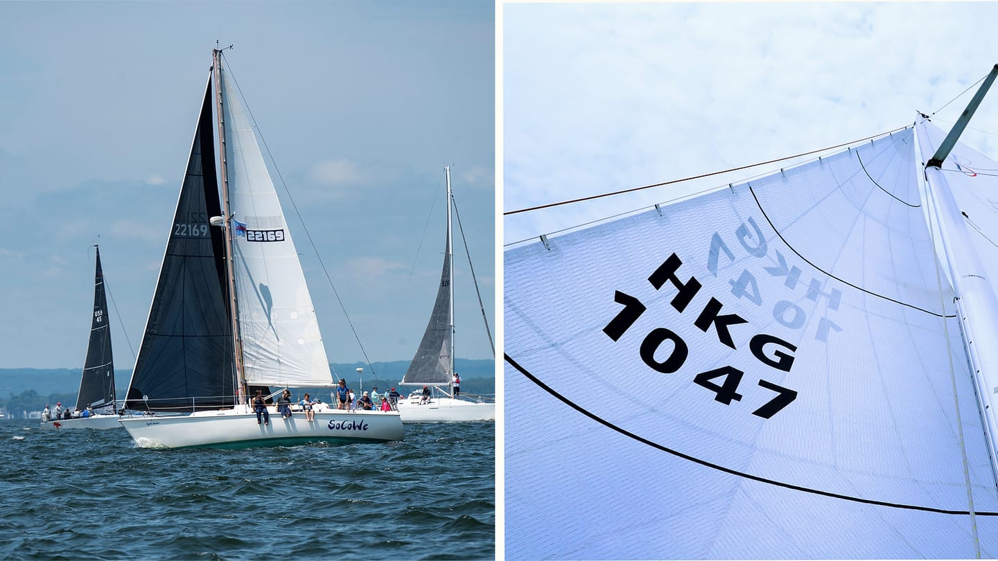 Racing fleet beside a close view of a headsail