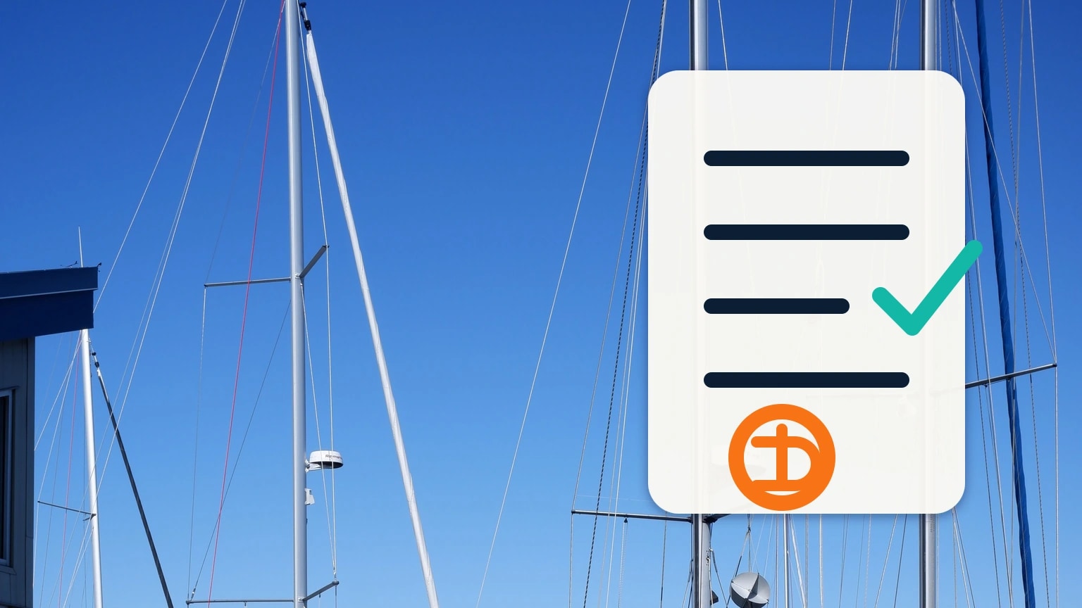 A checklist and budget symbol overlay the masts of boats in a marina