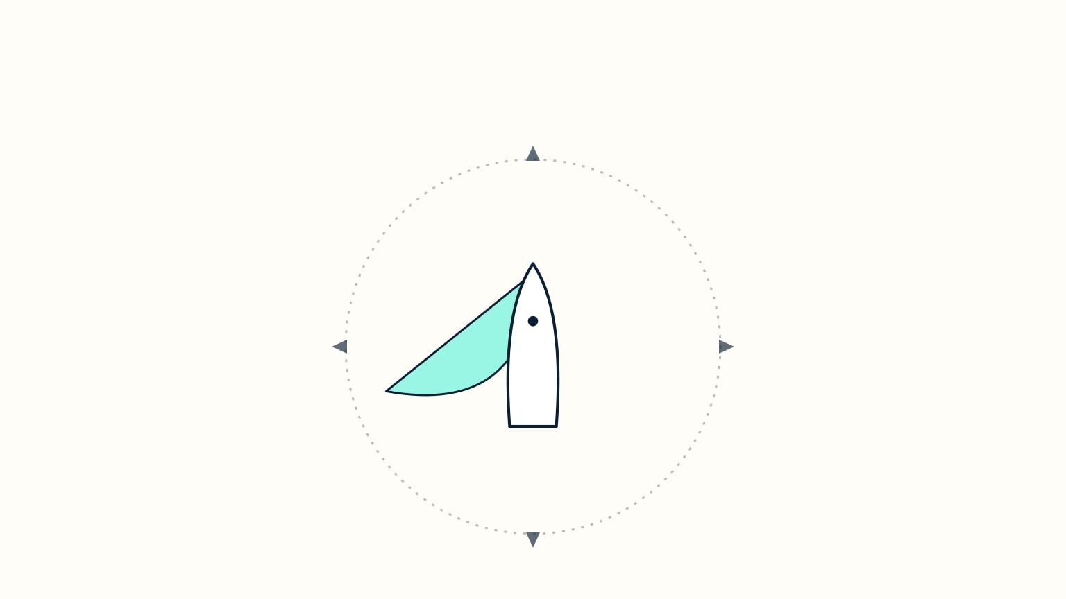 A bird's-eye view on a pale cream background. A single white boat hull, outlined in navy, points toward the top of the frame, sitting centred at mid-height. A pale teal genoa reaches from the bow back and out to the lower left. A wide, soft dashed navy circle rings the boat, with four short navy chevrons pointing outward from the circle's own edge at the top, right, bottom, and left, marking a watch kept in every direction.