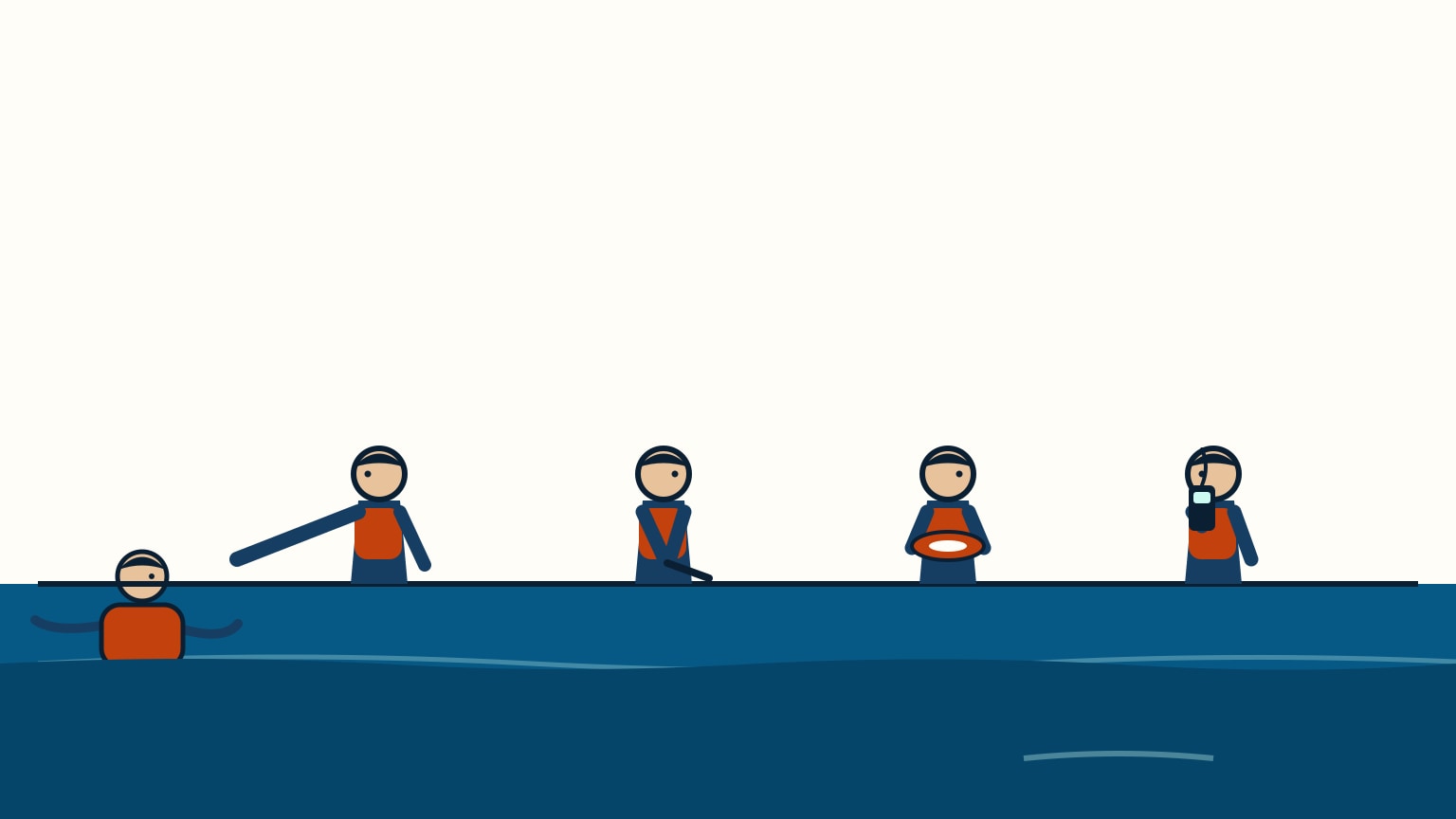 A skipper assigns roles to the crew after a man overboard call: one on the helm, one pointing, one holding flotation, one on the radio.