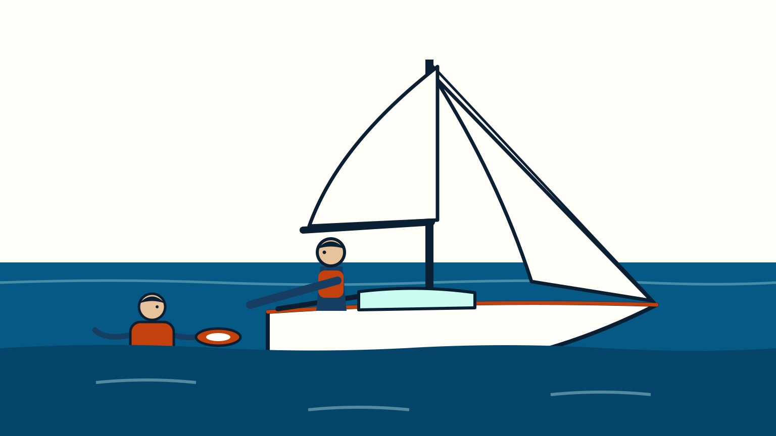 A sailboat crew member points toward a person floating in the water wearing a lifejacket, with a horseshoe buoy already within reach beside them.
