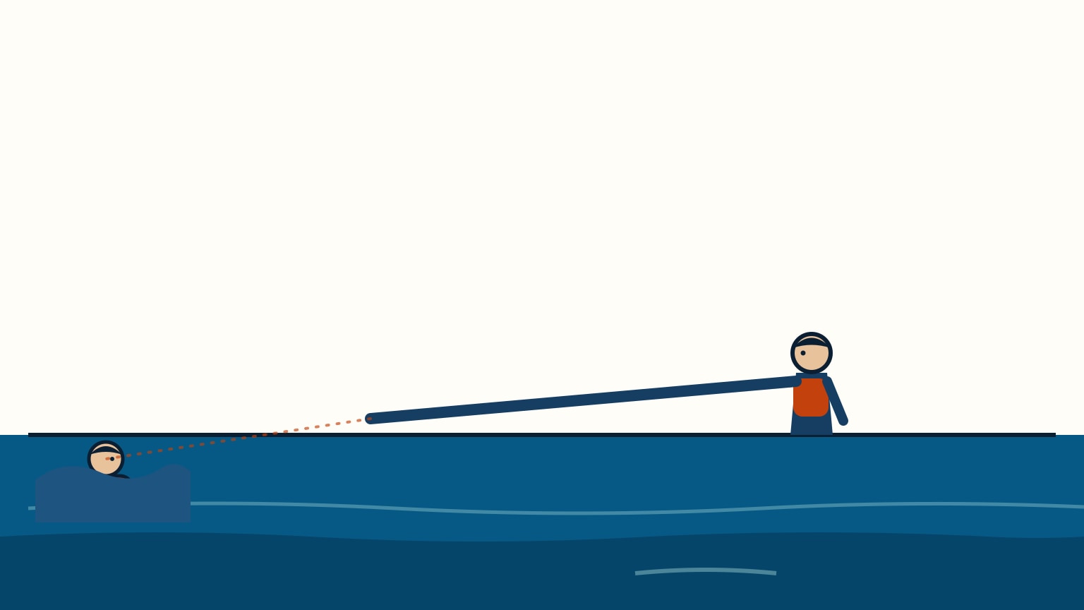 A crew member keeps a steady, outstretched pointing arm and an unbroken sightline on a small figure in the water among waves, never looking away.
