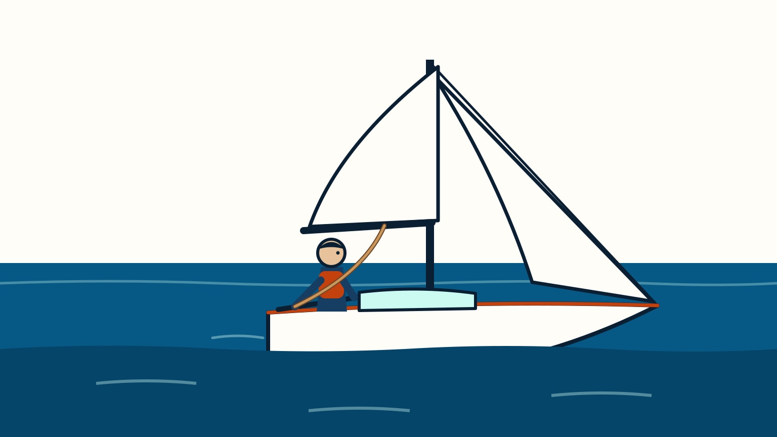 The helmsperson eases the mainsheet, letting the sail luff and lose power, to slow the sailboat right after a man overboard call.