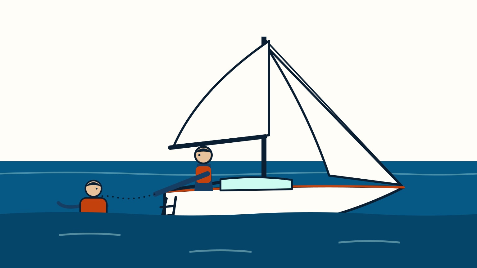 A sailboat glides slowly alongside a person in the water who reaches for a heaving line thrown from the deck, with a boarding ladder already lowered at the stern.