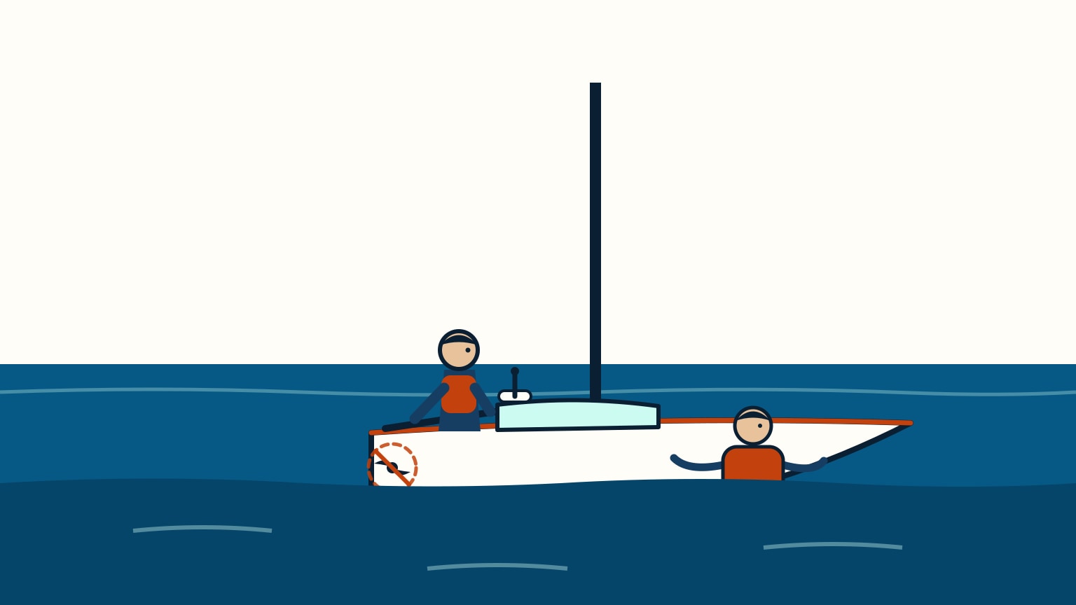 A sailboat under power idles toward a person in the water with its propeller stopped and the throttle in neutral, keeping the stern well clear of them.