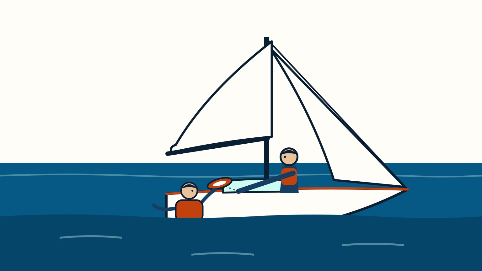 A crew member throws a heaving line to a person floating in the water beside a sailboat that has slowed to a stop on its final approach.