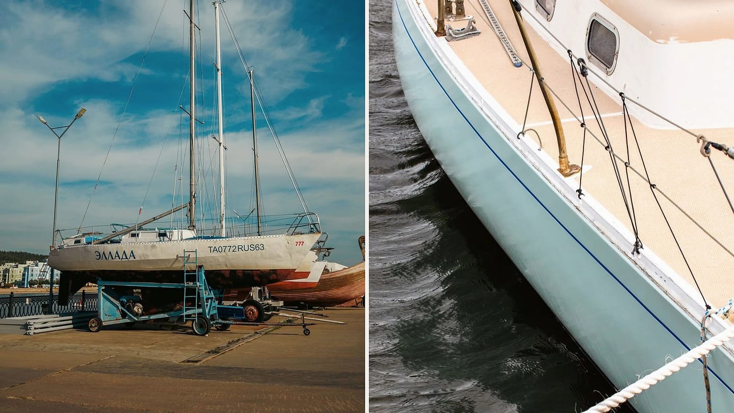 Sailboat supported ashore beside a close view of a sailboat hull and deck