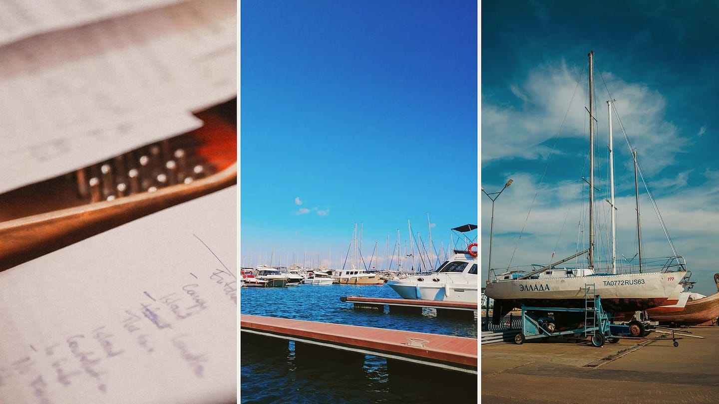 Handwritten checklist, marina berths, and a sailboat supported ashore