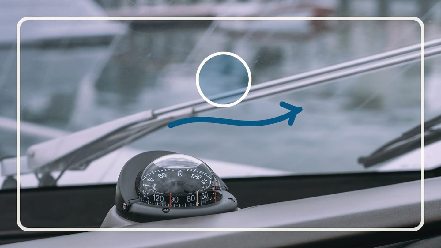 Magnetic compass mounted below a boat windscreen and wiper