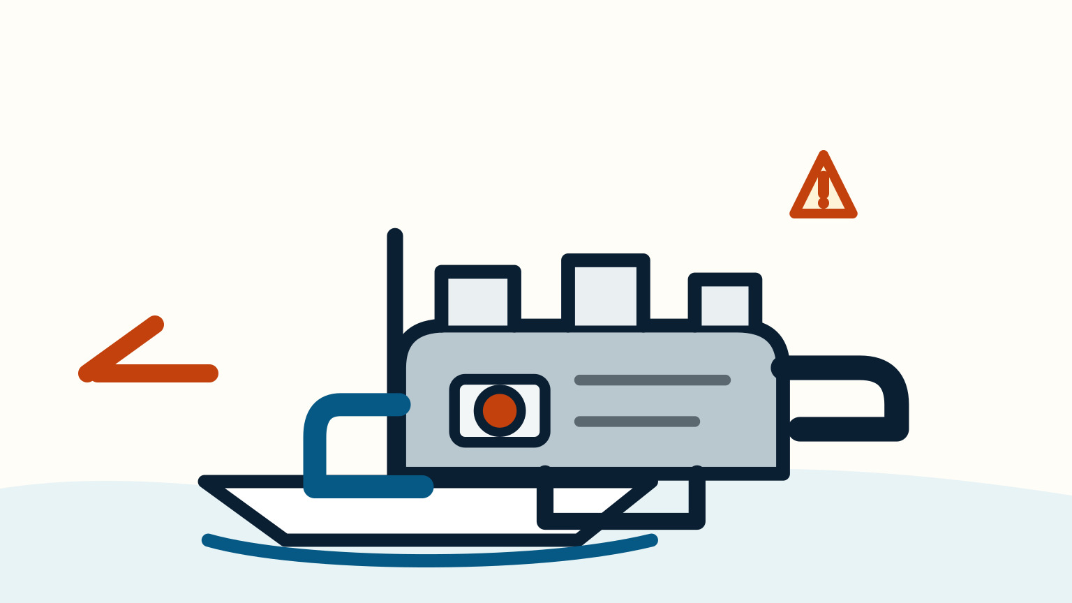 A white boat hull and orange dock line sit beside a grey engine and amber warning triangle