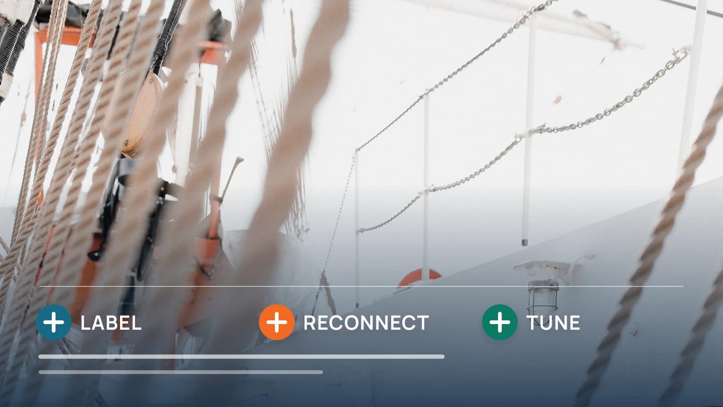 A rigging-work photograph is paired with labelled parts, reconnection and final tuning