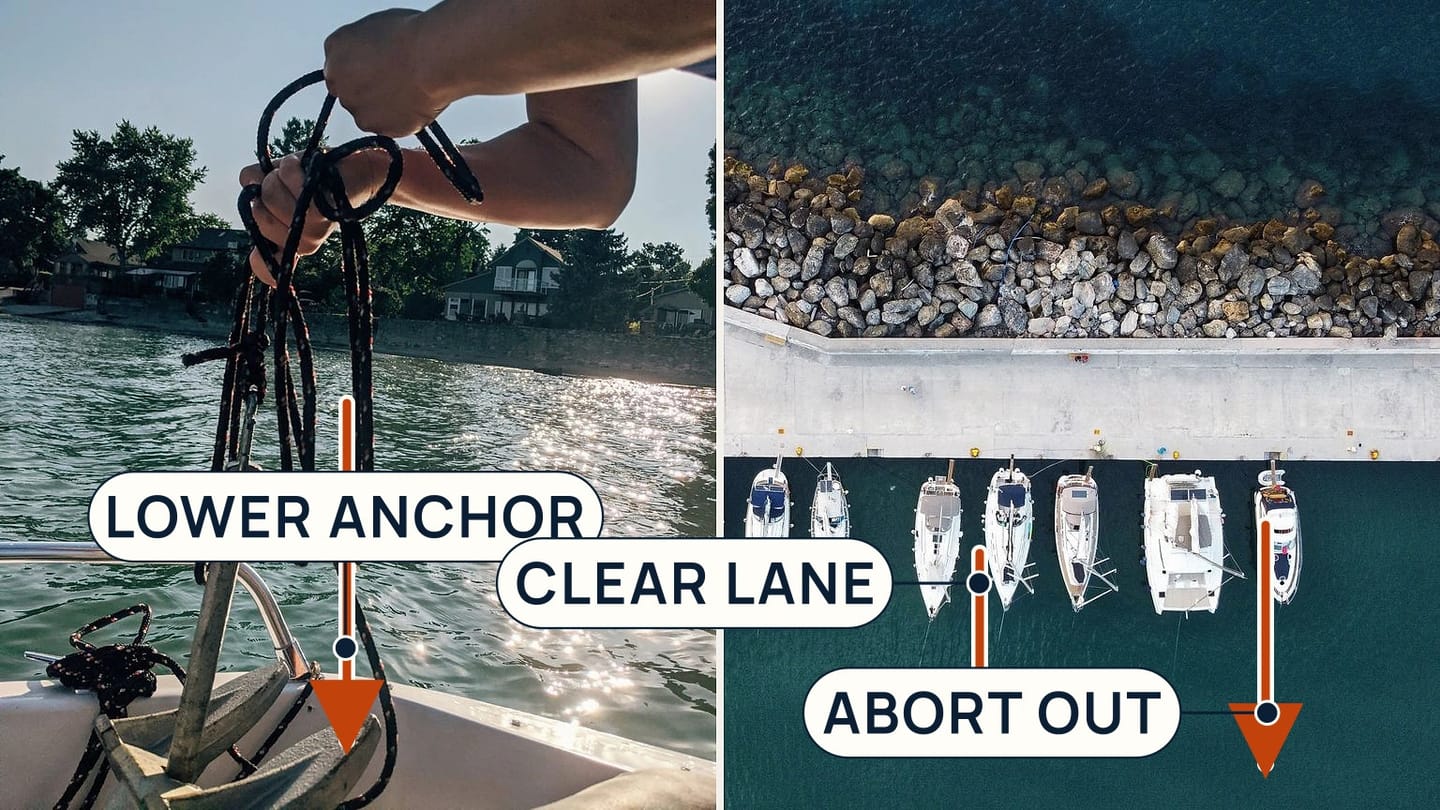 Person holding a metal anchor and rope rode beside stern-to yachts, with a lowering arrow, a marked clear lane, and an outward abort arrow