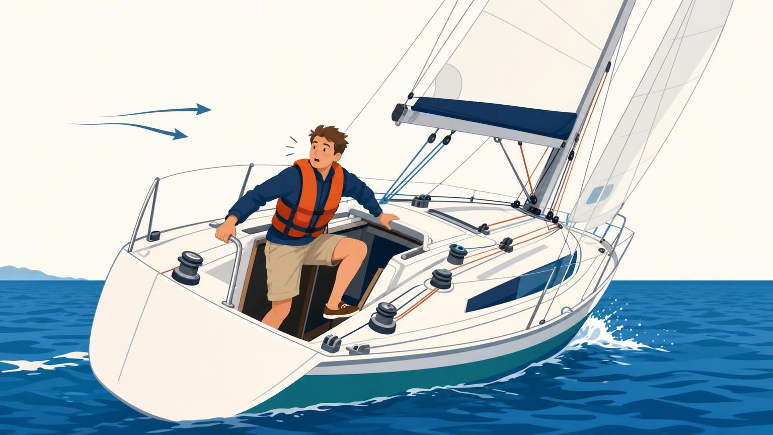 Beginner steadies themself with a grab rail as a sailboat heels beneath their feet
