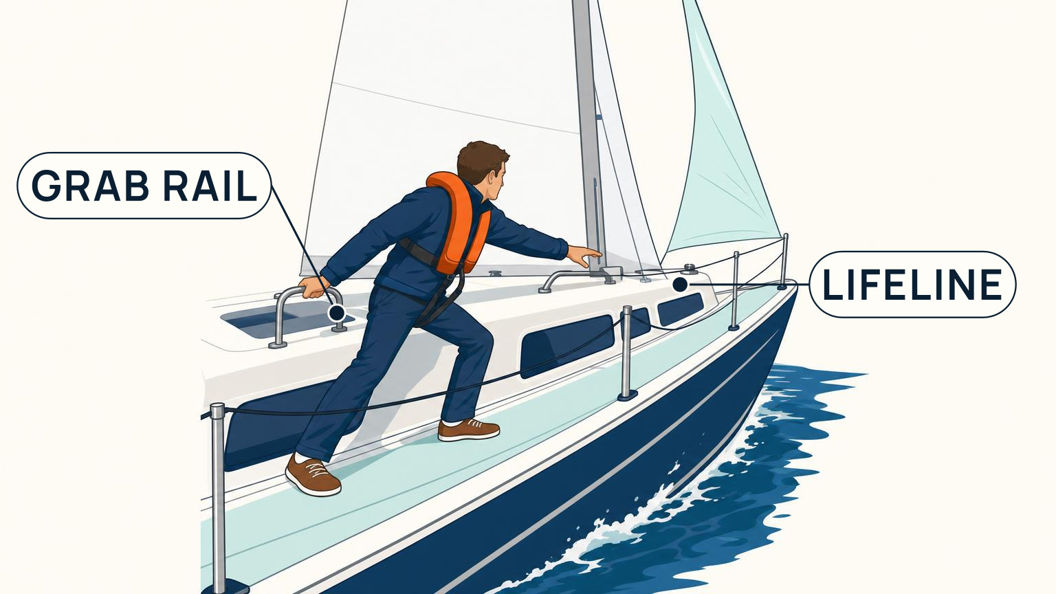 Crew member moving between fixed grab rails while staying away from the lifeline at the deck edge
