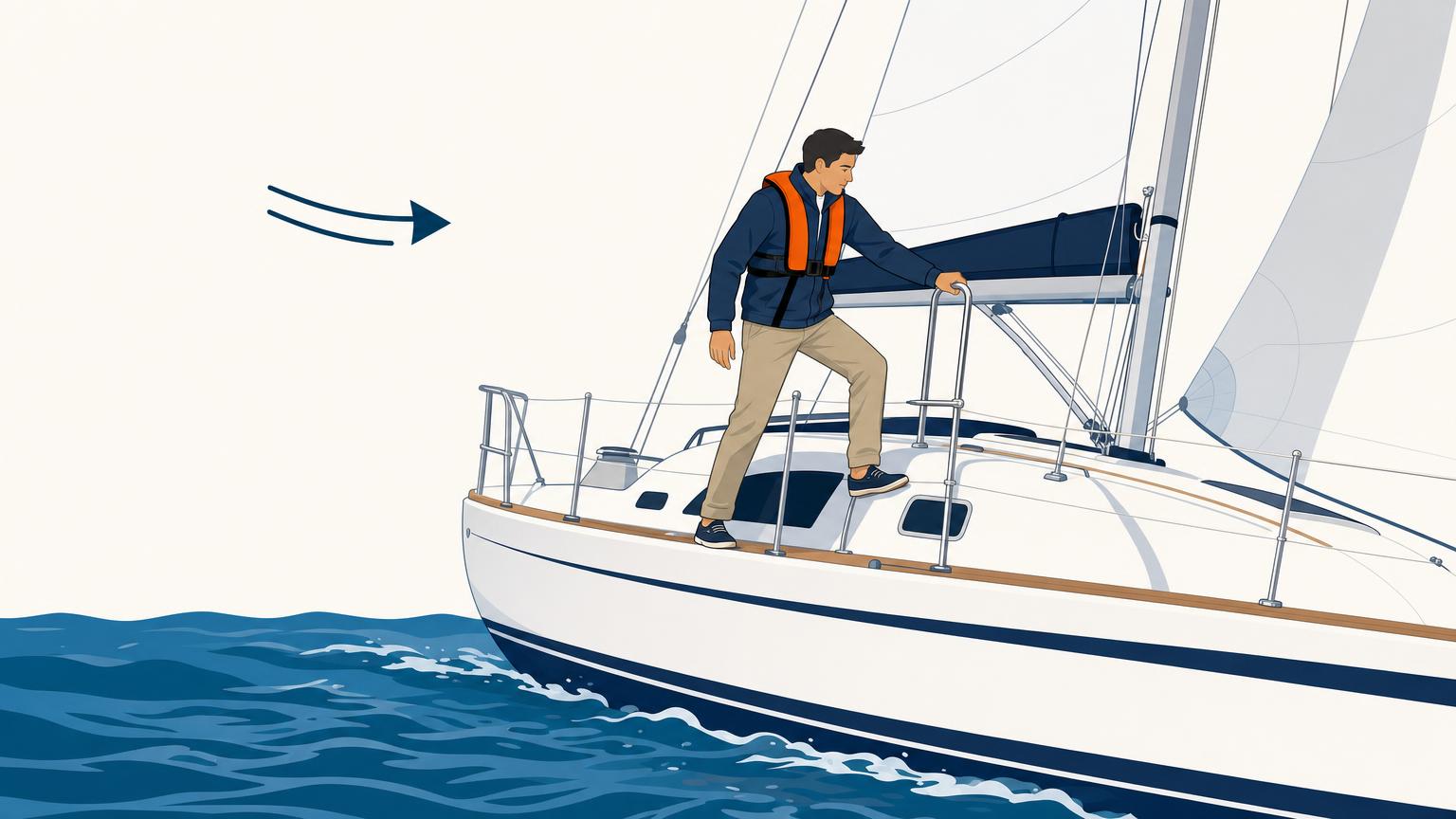 Crew member maintaining contact with both feet and one hand while stepping onto the side deck