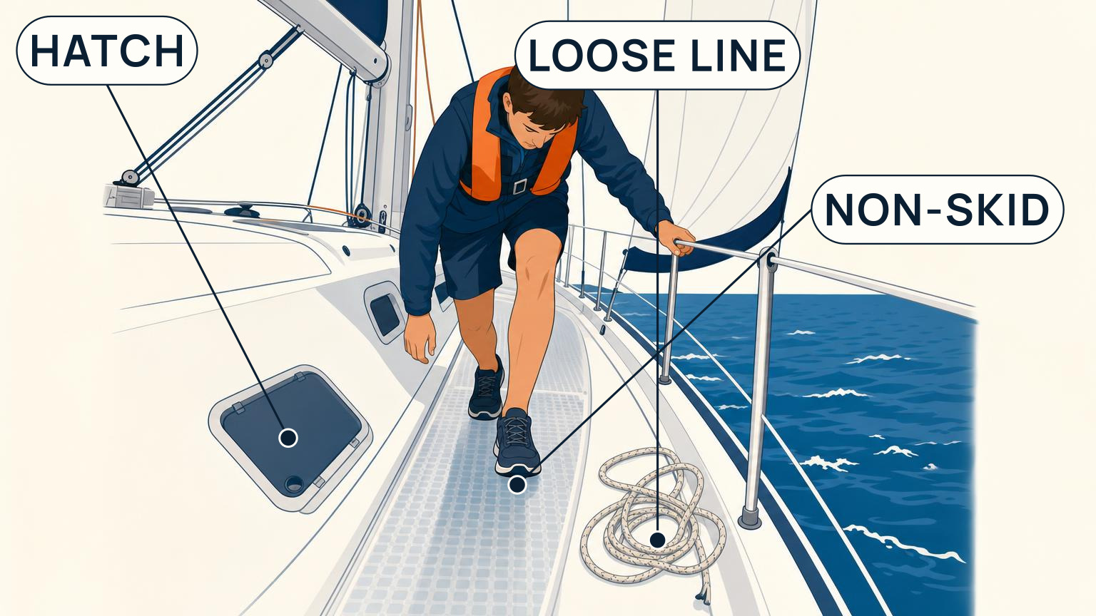 Crew member choosing clear non-skid footing between a deck hatch and a loose line