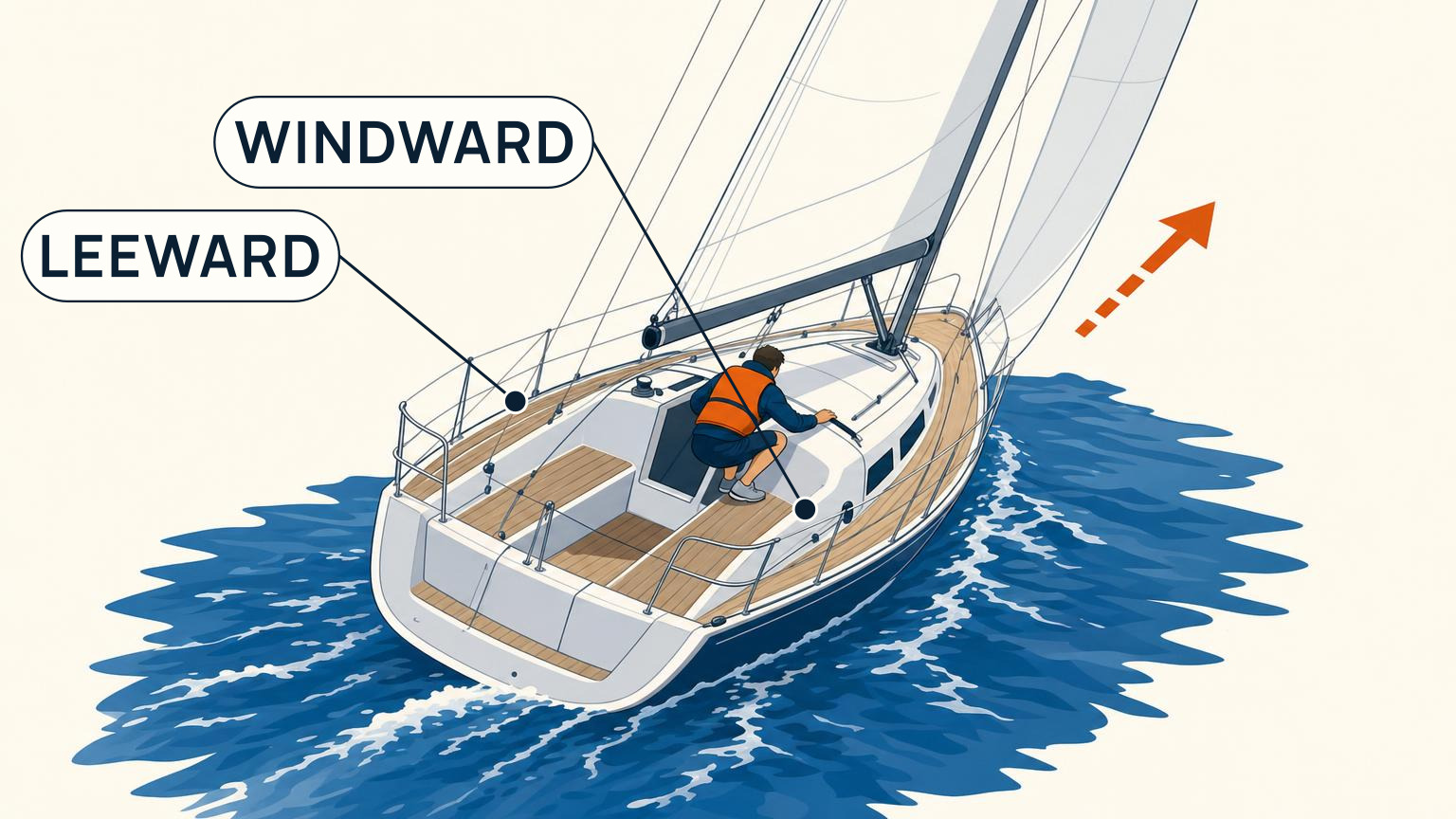 Crouched crew member moving forward along the windward side of a heeled sailboat