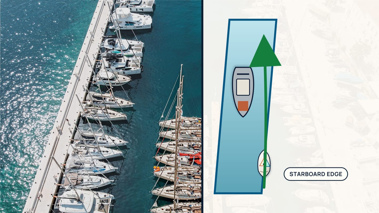 Aerial marina photograph beside a channel plan with a ship, sailboat, and green track near the starboard edge.