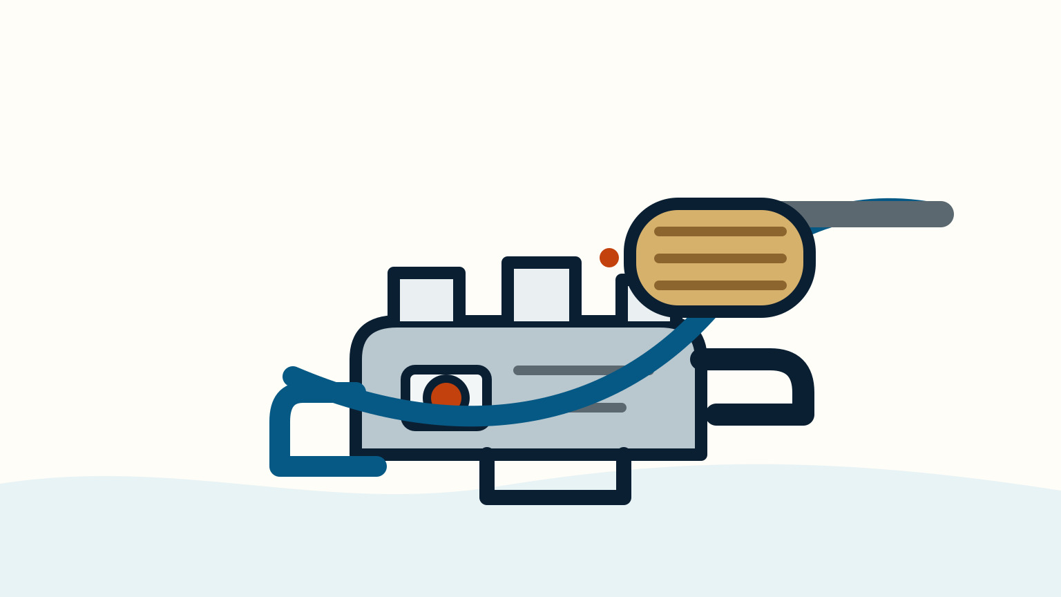 A brass cylindrical heat exchanger sits beside a grey engine and blue cooling hose