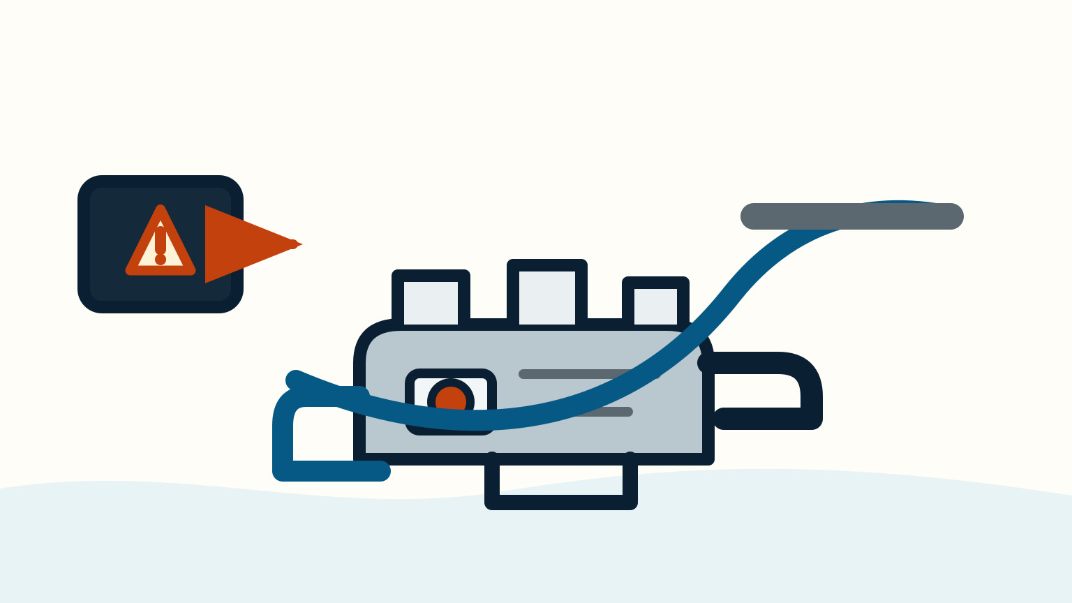 An amber warning triangle appears on a dark panel beside a grey engine and blue cooling hose