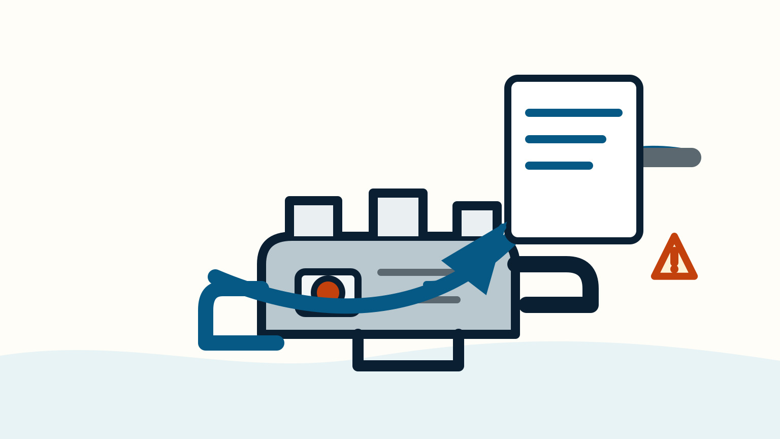 A lined blue record sheet and an amber warning triangle sit beside an engine cooling route
