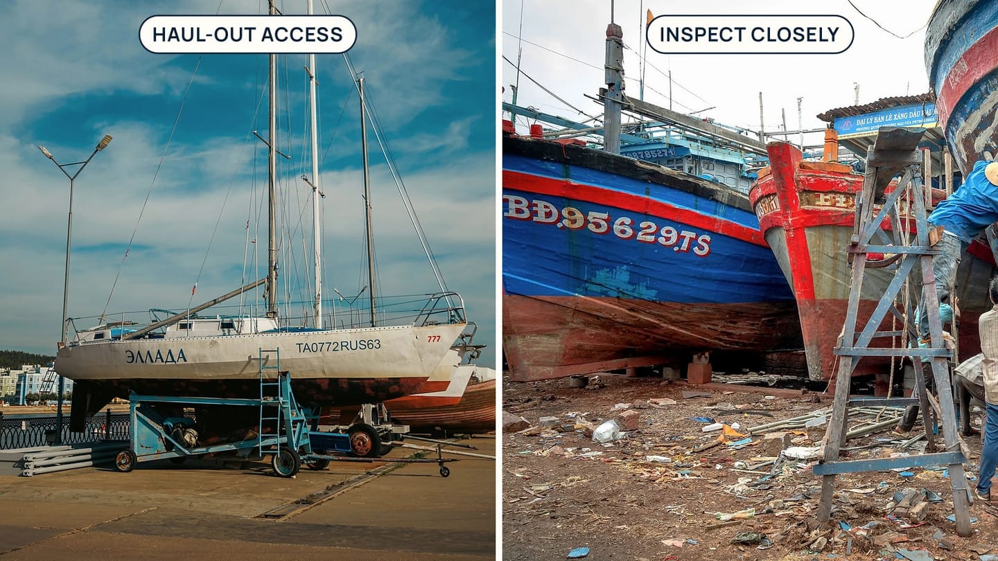 A two-panel image shows a boat ashore and workers close to a raised hull.
