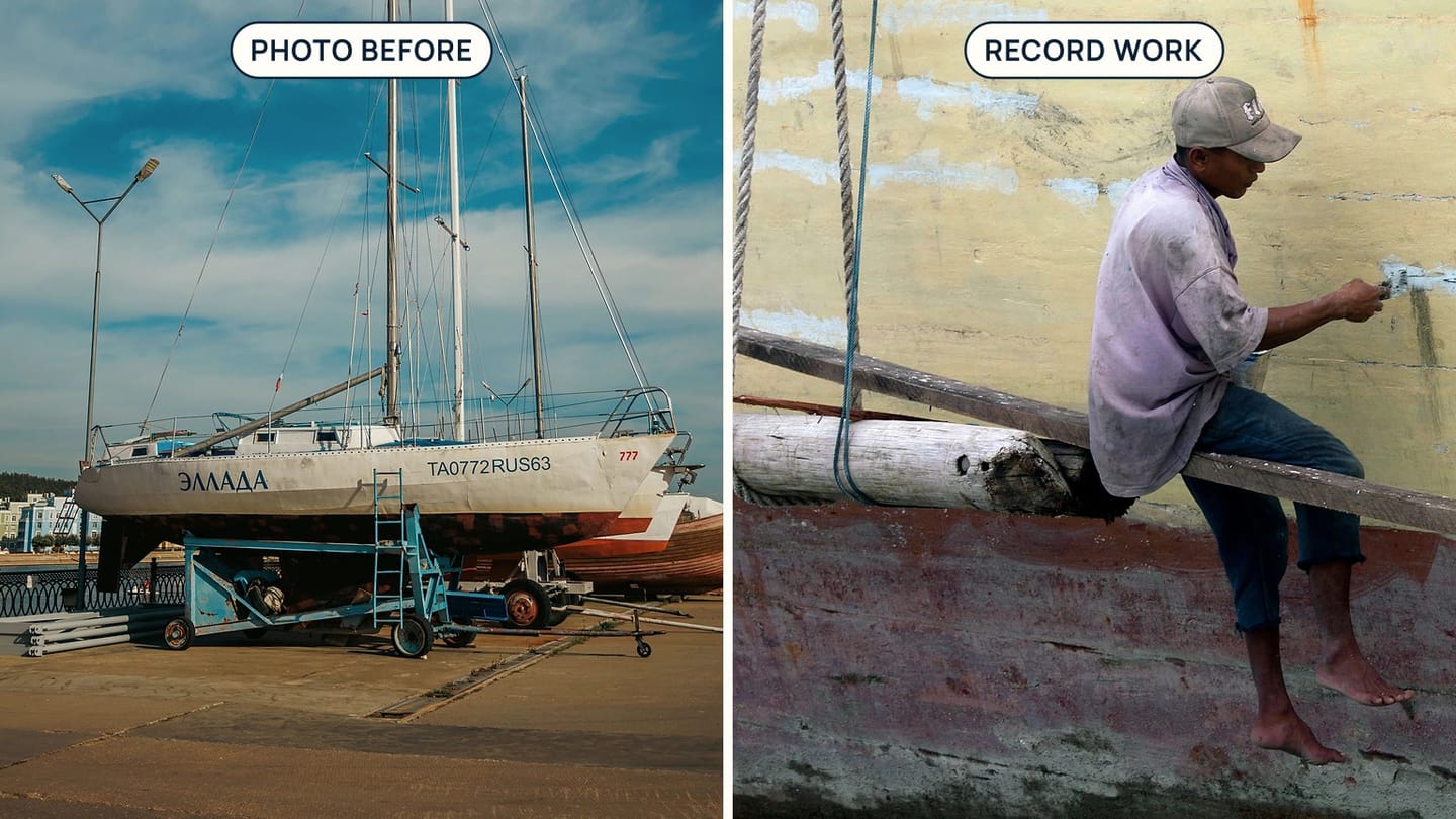 A two-panel image shows a boat ashore and a worker coating a hull.