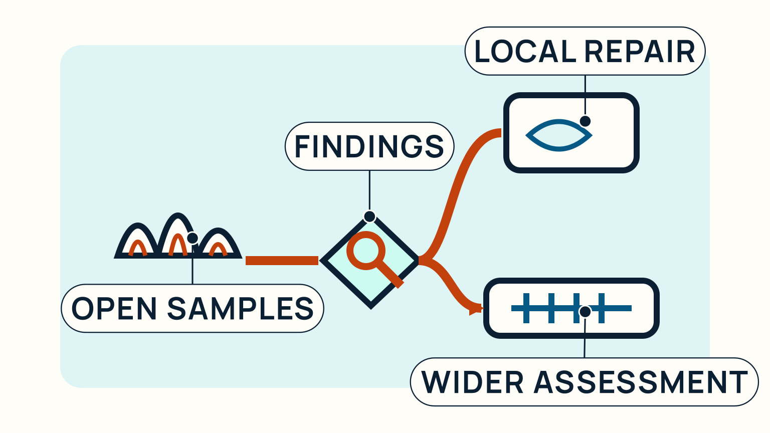 A decision diagram branches from opened hull samples and findings to either a local repair or wider assessment.